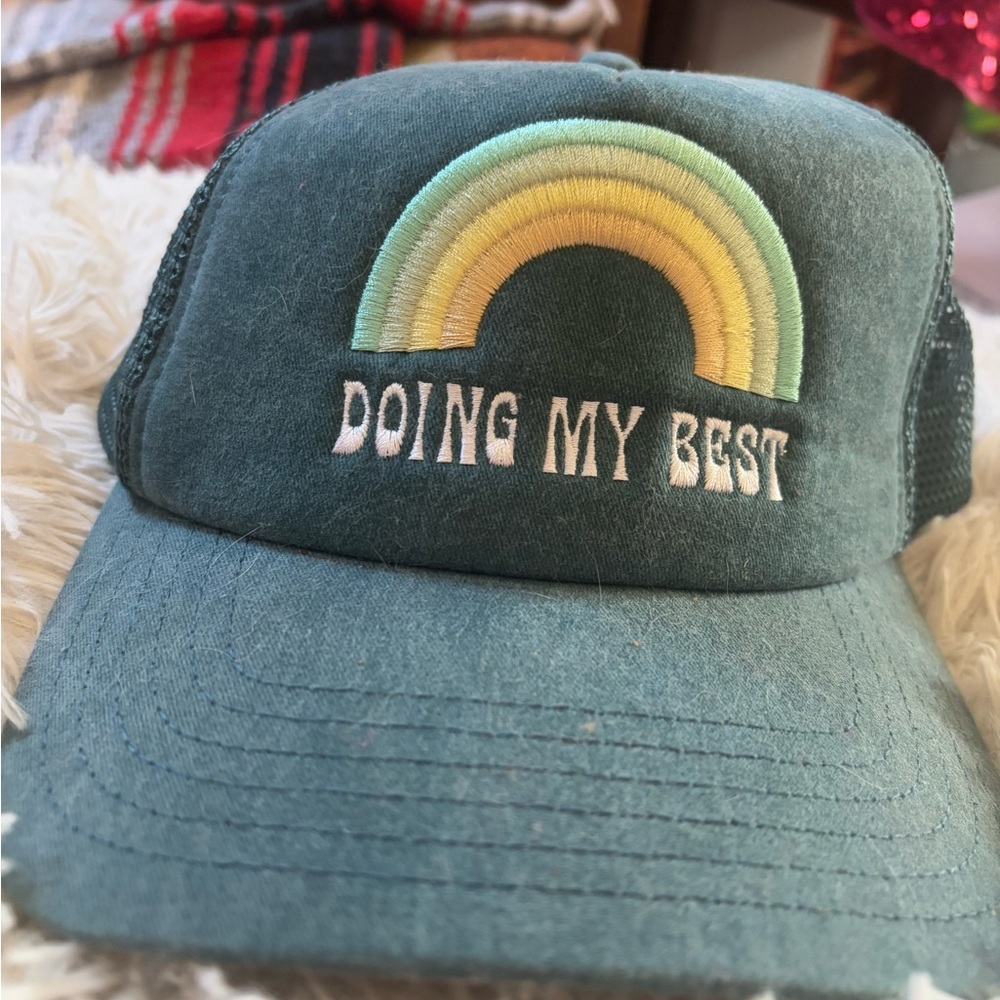 Green Trucker Hat with Rainbow Embroidery